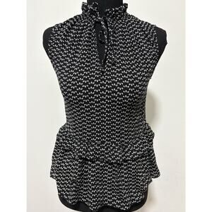 H&M Black White Ruffle Peplum Sleeveless Tie Neck Blouse Top US 2